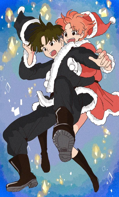 みなさまメリークリスマスいつもと違う感じの構図で描いてみたぽにょ&そうすけ 