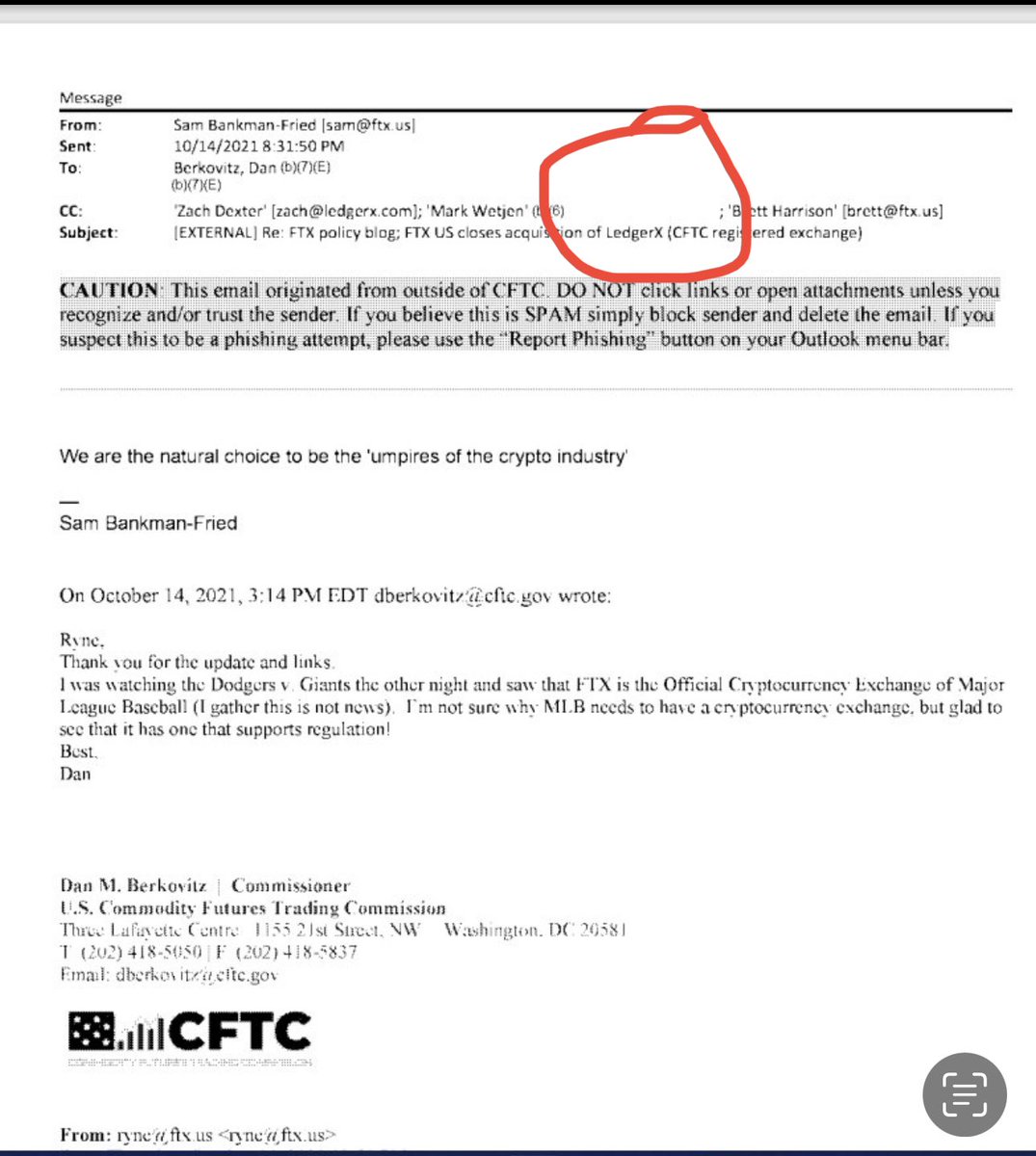 DiscoverCrypto's tweet photo. This is the email that caused Dan Berkowitz to step down from the SEC after cozying up to SBF. 

But wait a second… 

Whose email address was deleted from the document?

Gary?! Is that you?! https://t.co/LdVBiFUyev