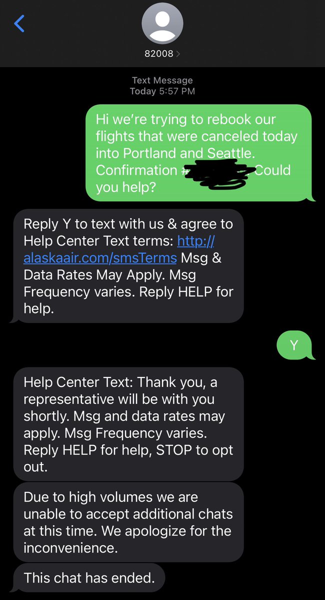 JesStugelmayer's tweet photo. There is no way to contact a person @AlaskaAir or rebook a flight (online rebooking system says it’s down and to call). Main number is a busy signal. Another number says call hold times are now 7.5 hours. 

Even tried the text support number: https://t.co/7TRhaonOGE