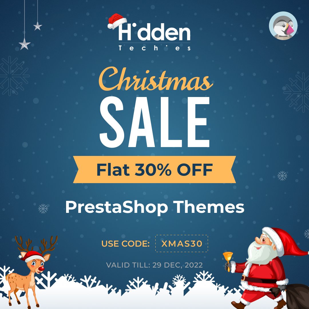 Christmas Sale is Live now!🎄🎅

Get 30% discount on all #PrestaShop Themes.🎁

Grab the offer🎉hiddentechies.com/prestashop-the…

#Christmas #Christmasoffer #xmas2022 #Sale #HiddenTechies