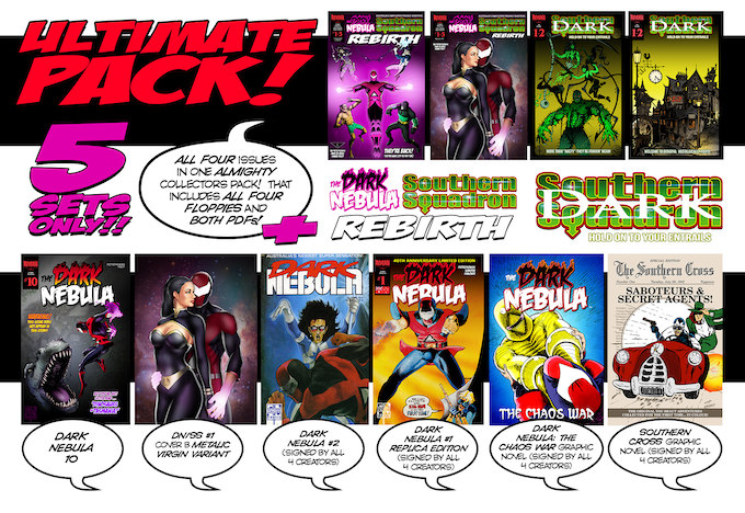 TheDarkNebula's tweet photo. We're heading to the wire on the Dark Nebula &amp; The Southern Squadron Rebirth #1 Kickstarter &amp; revealing The Ultimate Pack &amp; only 5 of these being offered. Far better value than Trump NFT 'Trading Cards' because you actually get something for your money.  https://t.co/z8yEy3A6vT https://t.co/WCT4FU0afO