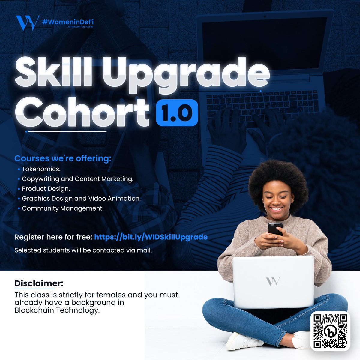 womenindefi_org's tweet photo. To grow in the tech ecosystem, your knowledge of the Blockchain is not enough. That, and due to the demand from our community members, we'll be kicking off our SKILL UPGRADE program by end of January.
Sign up for your preferred course here: https://t.co/ka2iv2CuXW https://t.co/pwCmf4eSxr