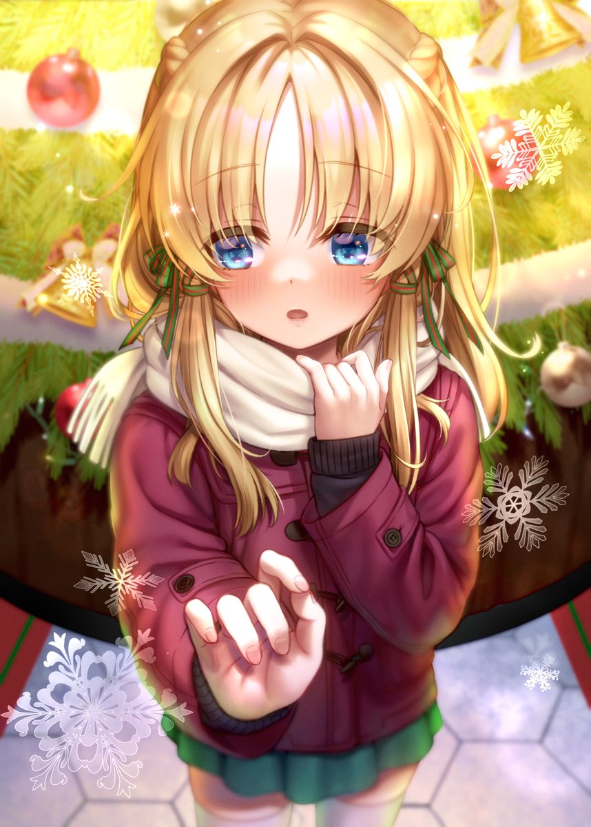 moriya suwako 1girl solo blonde hair scarf blue eyes snowflakes thighhighs  illustration images
