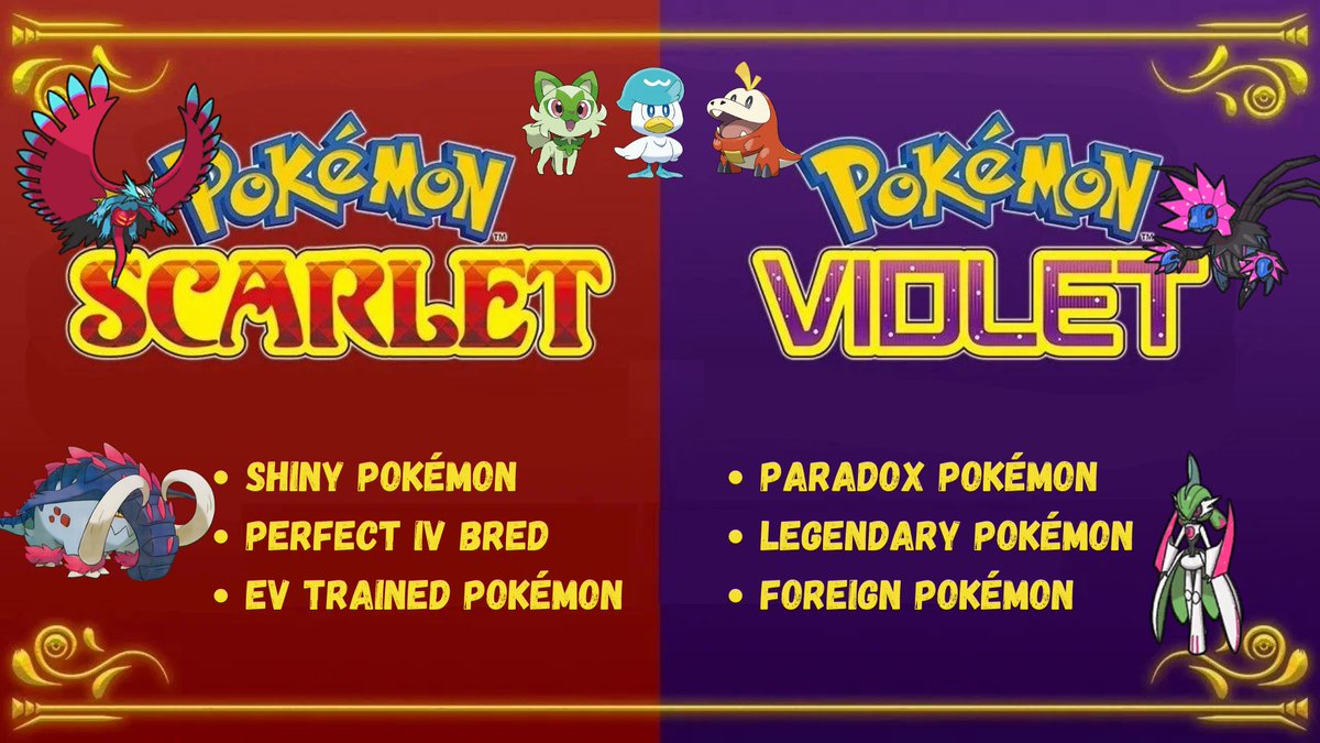 Pokémon For Sale!
#PokemonScarlet &amp; #PokemonViolet 

Get any Pokémon in each game for only $4!
•Shiny Pokémon
•Rare Pokémon
•IV Bred Pokémon
•Paradox Pokémon
•Legendary Pokémon

Send us a DM for our order forms☺️

#PokemonScarletViolet #Pokemon

(Also BDSP &amp; Legends: Arceus)