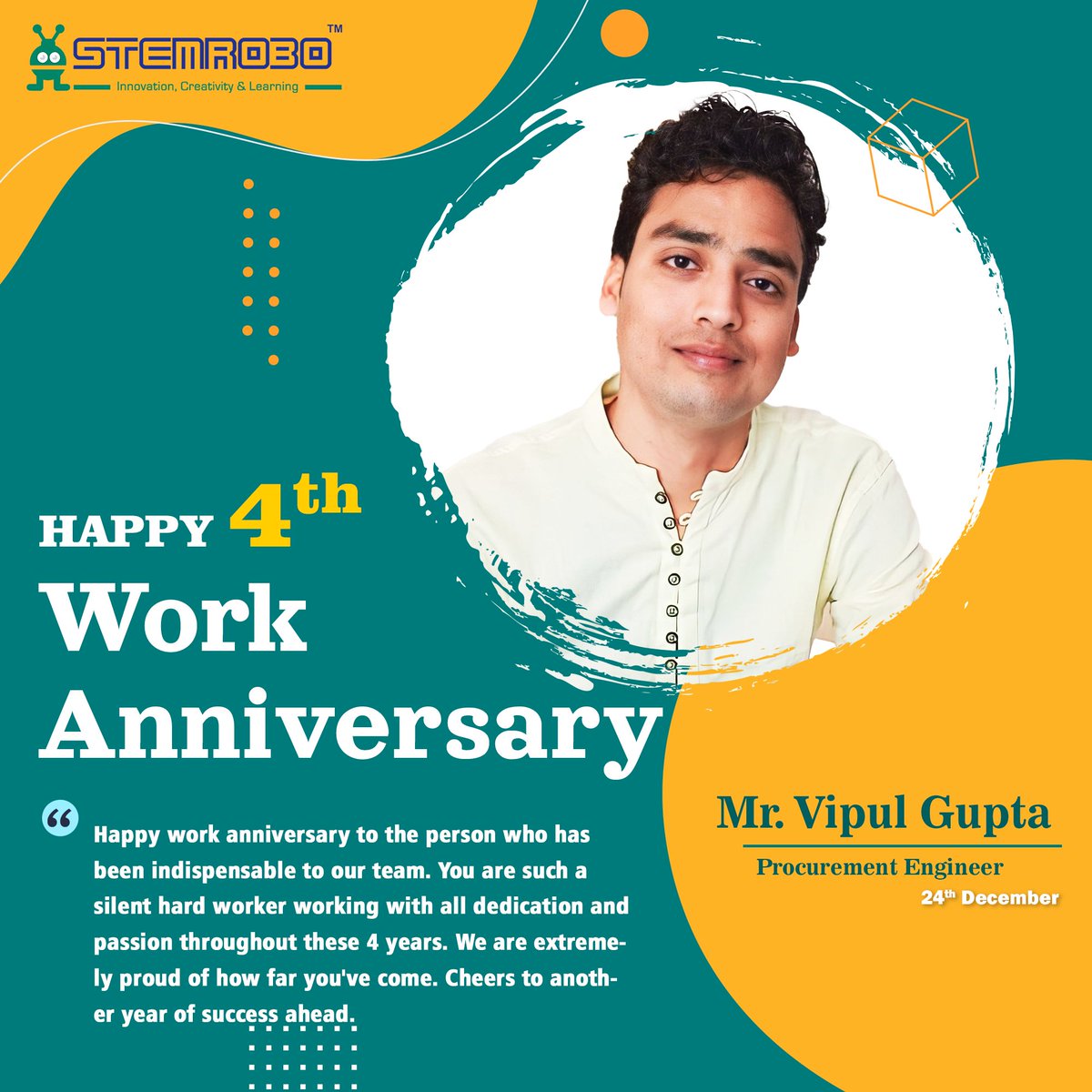 stemrobo's tweet photo. Congratulations Mr. Vipul Gupta on your 4th Work Anniversary 💯💫🎊
We are grateful for the valuable time you have dedicated to the company.
#workanniversary #halfdecade #stemrobo #dedication #workculture #success #journeytosuccess #learninganddevelopment #creativity #innovation https://t.co/m98sE8abMR