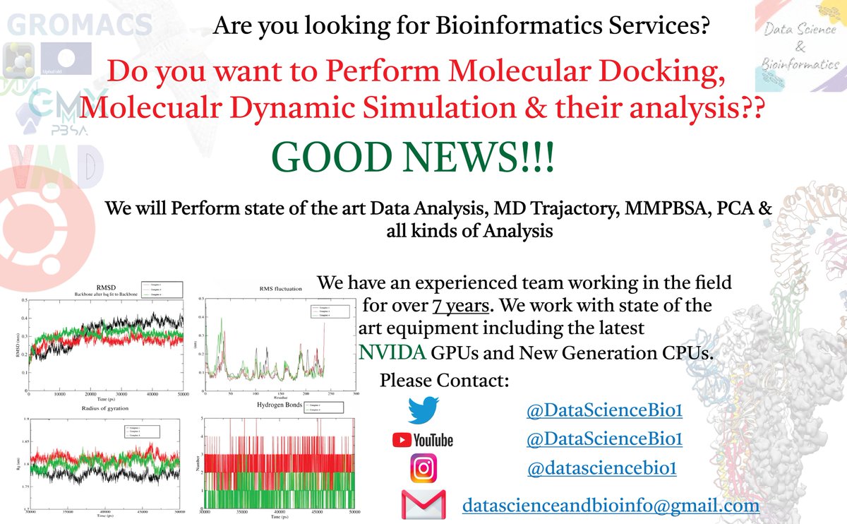 Bioinfoxpert1's tweet photo. If you are looking for Bioinformatics services, especially in the field of Molecular Docking and Molecular Dynamic Simulations, till the publication-ready results. We are here for you! 🥰
#Bioinformatics #MDSimulation #MolecularDocking #MolecularDynamicsSimulation #dataScientist https://t.co/4nVjVcLAIi