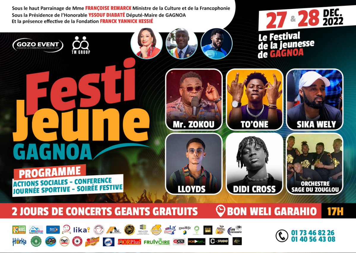 GozoEvent's tweet photo. Les 27 et 28 décembre 2022, La place Bon Wely de Garahio vibrera aux couleurs du festival de la jeunesse de Gagnoa. 

Plus de 20 artistes invités pour le plus grand bonheur des festivaliers.

NE MANQUEZ PAS 🎉
☎️225 0173468226

#gozoevent
#tmgroup
#FestiJeuneGagnoa
#Jaimegagnoa https://t.co/IPgZkCcaye