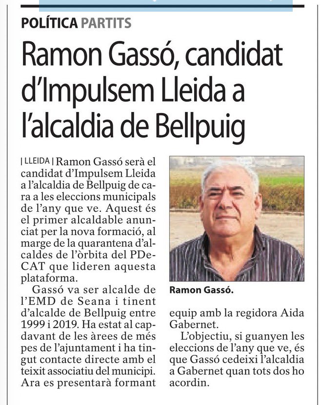 Impulsem Lleida (@impulsemlleida) on Twitter photo 🗳️ Ramon Gassó serà el cap de llista d’#ImpulsemLleida a #Bellpuig per a les eleccions de maig 2023. Gassó formarà equip amb l’<a href="/AidaGabernet/">Aida Gabernet</a>. Molt contents d’aquest equip que donarà resposta a les necessitats del territori. 🗳️ Ramon Gassó serà el cap de llista d’#ImpulsemLleida a #Bellpuig per a les eleccions de maig 2023. Gassó formarà equip amb l’<a href="/AidaGabernet/">Aida Gabernet</a>. Molt contents d’aquest equip que donarà resposta a les necessitats del territori.