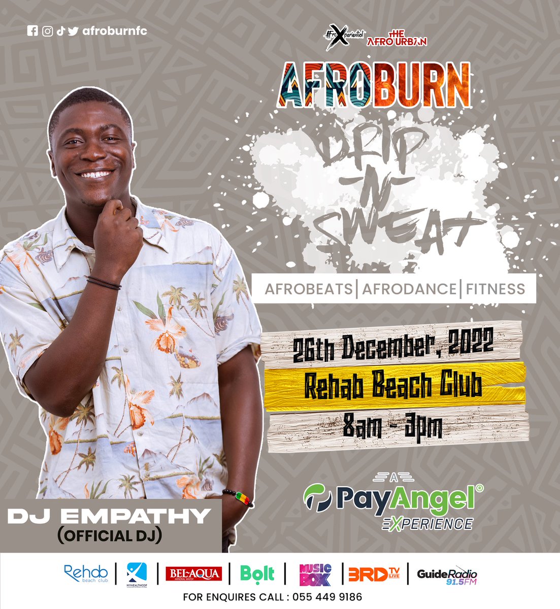 afroburnfc's tweet photo. Never A Fitness Party without the Music! 
@djempathy3 is ready to jam you up!

Another #payangelexperience

Hit the link in our Bio to register for FREE! 
See you there!

Ps: Come in your best Drip☺️

#PromiseLand #Sarkodie #BhimConcert22 https://t.co/ELzlljXvYl