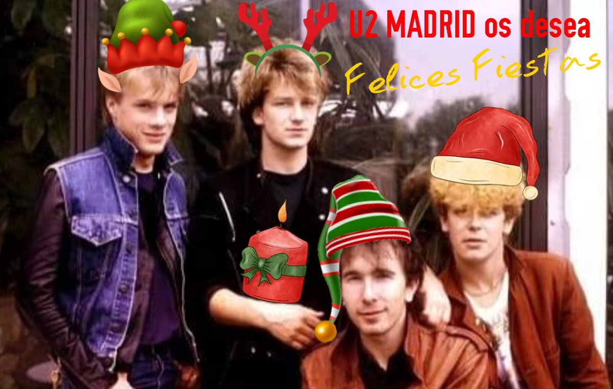 U2MDR's tweet photo. U2 Madrid os desea Felices Fiestas!!!#U2 #u2 #u2fans #u2madridfanclub #u2madridclubdefans #BONO #LarryMullenJr #AdamClayton #TheEdge https://t.co/G9qentTMhC