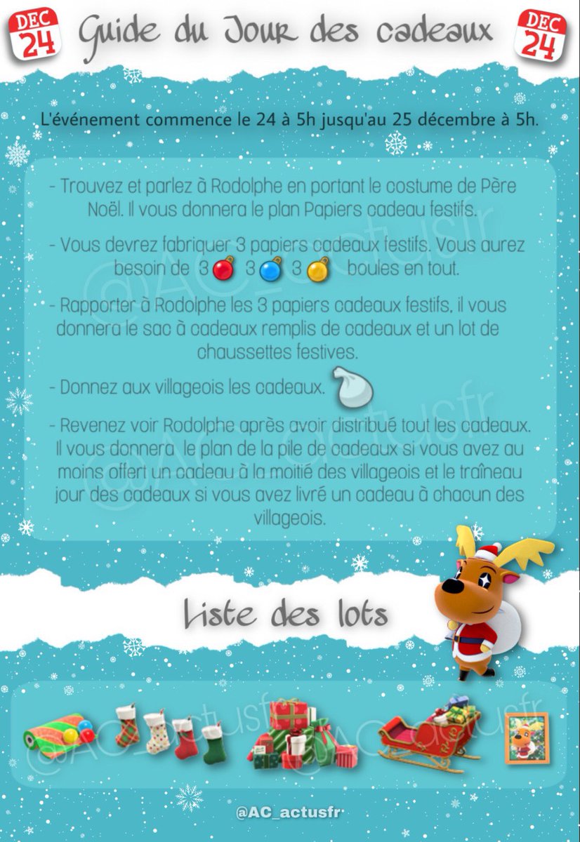 ❆ GUIDE DU JOUR DES CADEAUX ❆

Voici un guide du jour des cadeaux le 24 décembre ! 🦌❄️ 

#AnimalCrossingNewHorizons #ACNH #AnimalCrossing #ACNHEntraide