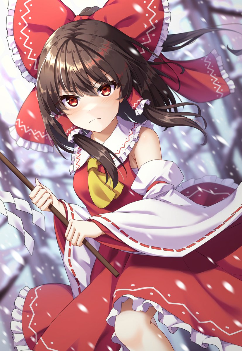 hakurei reimu 1girl solo bow gohei hair tubes red bow detached sleeves  illustration images