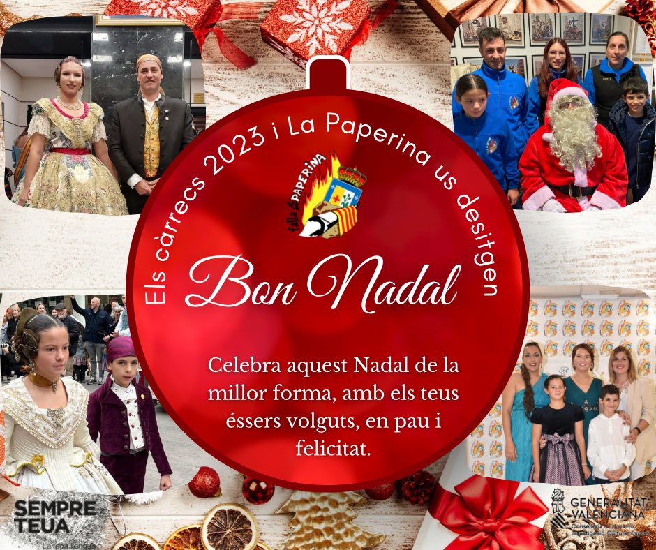 fallaLaPaperina's tweet photo. Des de la Falla La Paperina us volem desitjar un Bon Nadal i un Feliç Any Nou 2023! 🎅🎄🤶

Passeu unes bones festes nadalenques de la millor forma, amb els vostres èssers volguts, en pau i en felicitat! 🪅🌠

#sempreTeua #falles #Nadals #bonesfestes🎄❤️ https://t.co/QzPr9t2btr