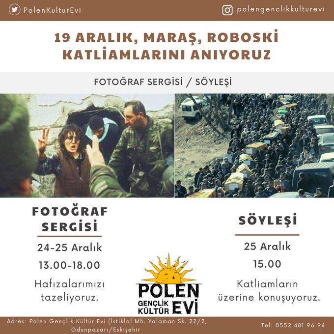 temeldemirer's tweet image. 25 Aralık 2022: #19Aralık, #Maraş ve #Roboski katliamlarını kültür evimizde anıyoruz. #Eskişehir halkını bekleriz!

#19aralıkdevamediyor
#19AralıkKatliamı
#Roboski10SalDerbasBu
#RoboskiKatliamınıUnutma
#Roboski10YilOldu
#RoboskiMassacre
#Uludere
#19Aralık2000
#19AralıkKatliamı