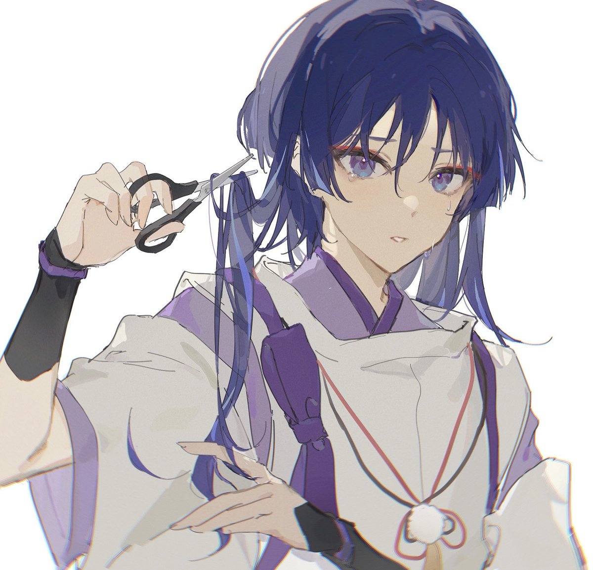 scaramouche (genshin impact) 1boy scissors male focus solo cutting hair white background simple background  illustration images