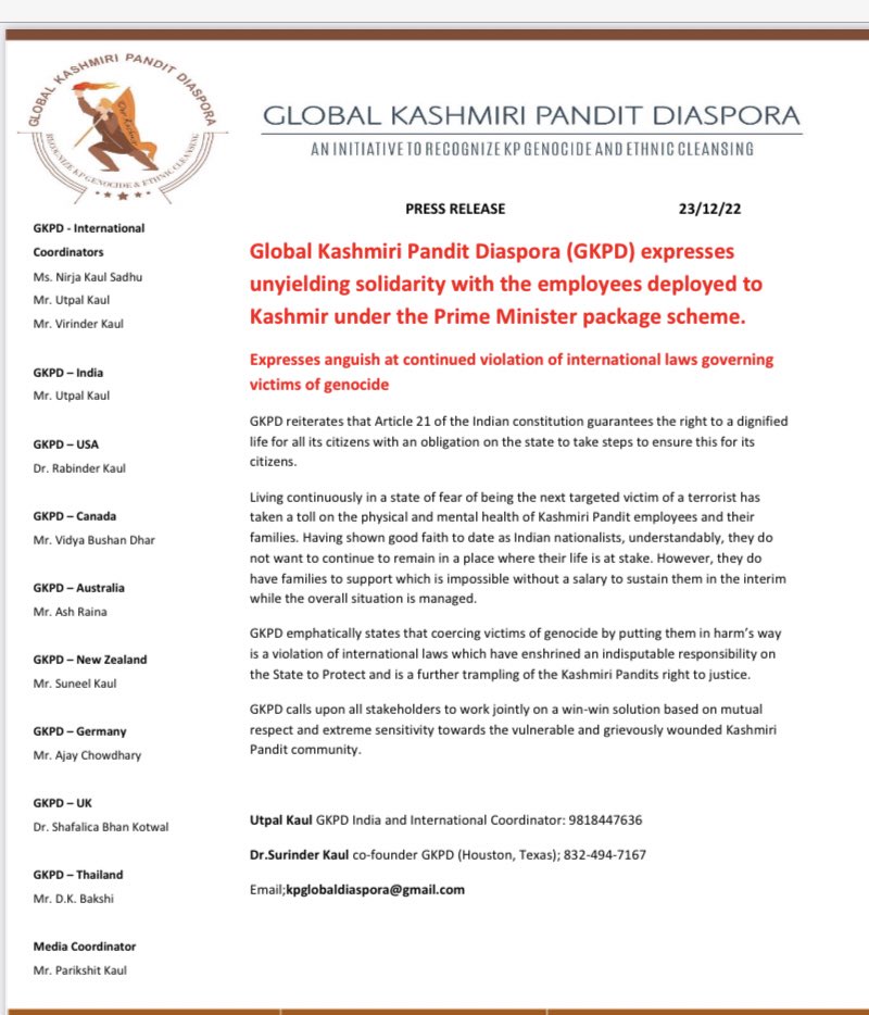 kp_global's tweet photo. GKPD expresses solidarity with the employees deployed to Kashmir under PM package scheme.
Expresses anguish at continued violation of international laws governing victims of Genocide & reiterates that Article 21 of the Indian constitution guarantees the right to a dignified life. https://t.co/6nwI42wa6L