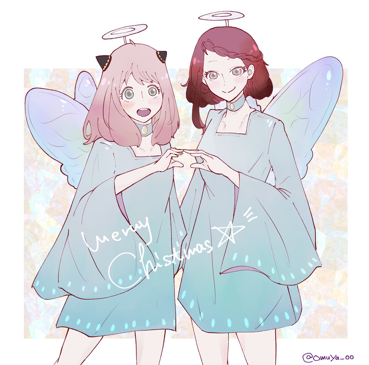 anya (spy x family) multiple girls 2girls wings halo pink hair dress smile  illustration images
