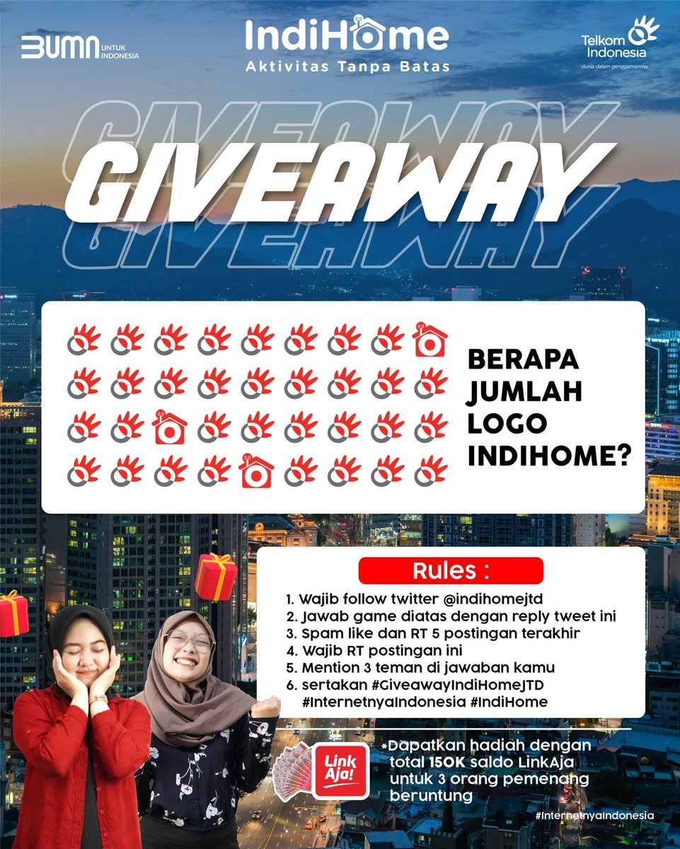 IndihomeJTD's tweet image. #GiveawayIndiHomeJTD  ALERT!! 🎉
Coba tebak ada berapa logo IndiHome sob 😁

Yang benar dan beruntung bakal dapet saldo LinkAja 150K untuk 3 pemenang nih! 

Jangan lupa cek rules of the game nya yah sobat! Goodluck 🥰
#InternetnyaIndonesia 
#AktivitasTanpaBatas 
#IndiHome
