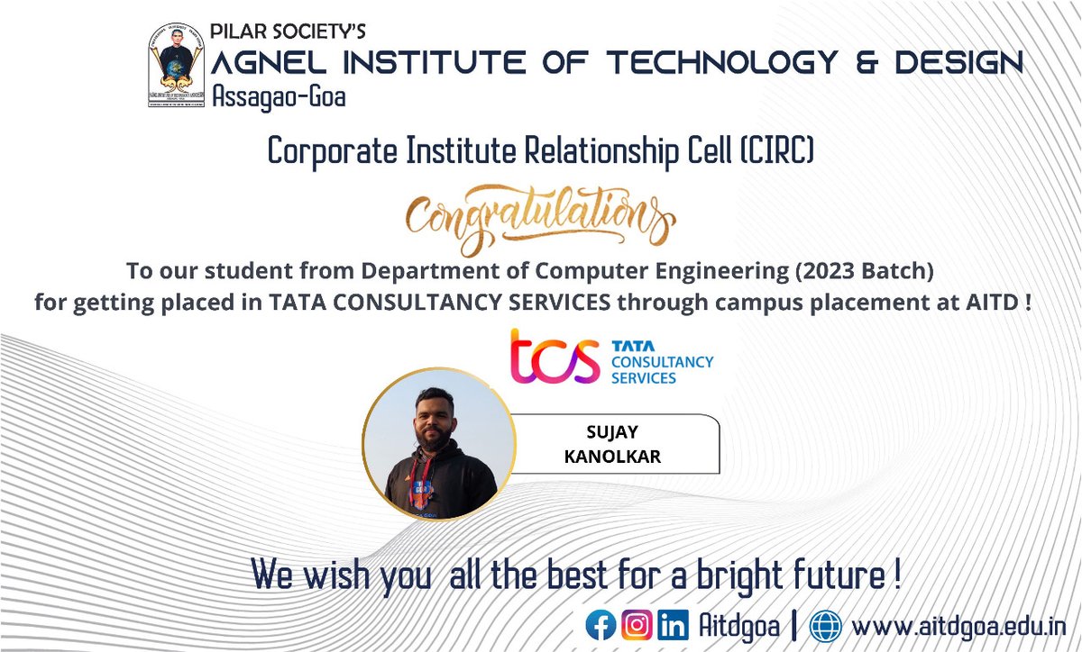 AitdGoa's tweet photo. #placementupdate! We are proud our student Mr Sujay Kanolkar from Computer Engineering Department for getting campus placed @TCS ! Congratulations!
.
.
.
.
.
.
#campusplacement #tcs #aitdgoa #goa https://t.co/Gv8FrVlKsu