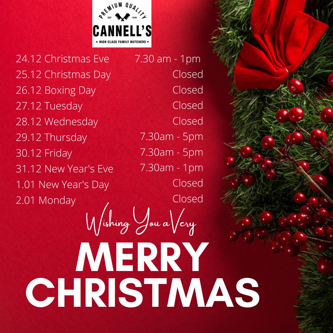 Our opening hours over the festive period! 

From all of us at Cannells we wish you all a very Merry Christmas!