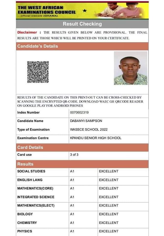 kofi_francis's tweet image. 8As!!
This brilliant young man, Master Dabanyi Sampson read Science at Kpando Senior High School and scored 8As in his WASSCE (2022). He's from Worawora in the Biakoye district of the Oti region.
Sampson would like to study further and pursue his dreams, unfortunately his
