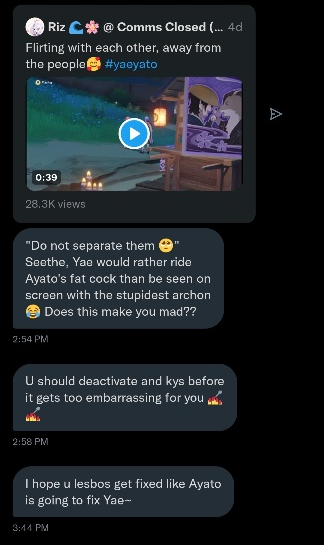 fuji__blue's tweet photo. heavy cw for rape, gore, slurs

unfortunately have to make a serious request. i have never "hidden" that i ship/tweet about eimiko, but i also can't control who may see my tweets after a point. 

if this isn't to your liking, please block or mute for your own convenience. https://t.co/dCz4Fbb5Eb