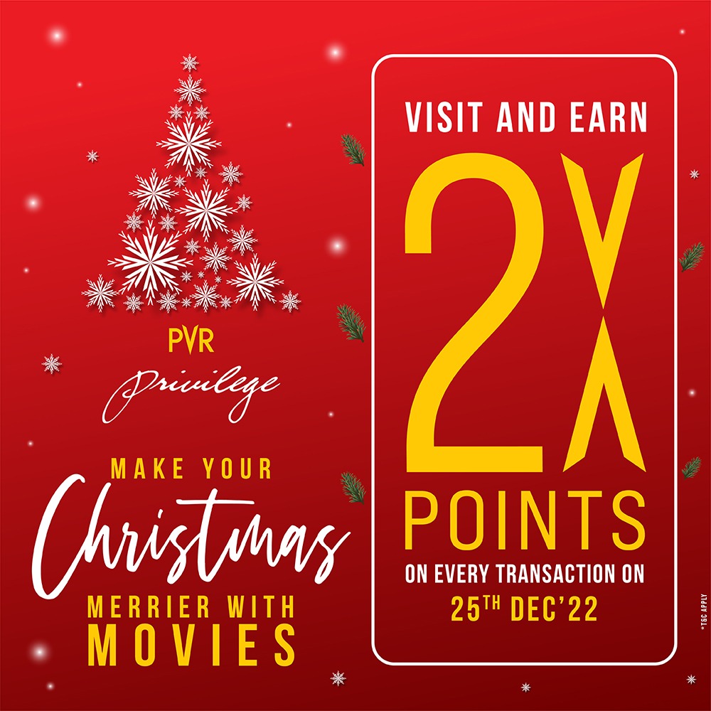 _PVRCinemas's tweet photo. The festive season is here, and we have a special offer for all our #PVRPrivilege members! 
This #Christmas, get 2X the points on every transaction made on 25th December’22. 
Enroll Now: https://t.co/a1H2bCf0am

#SpecialOffer #ChristmasOffer #PrivilegeOffer https://t.co/fkADTJBOFb