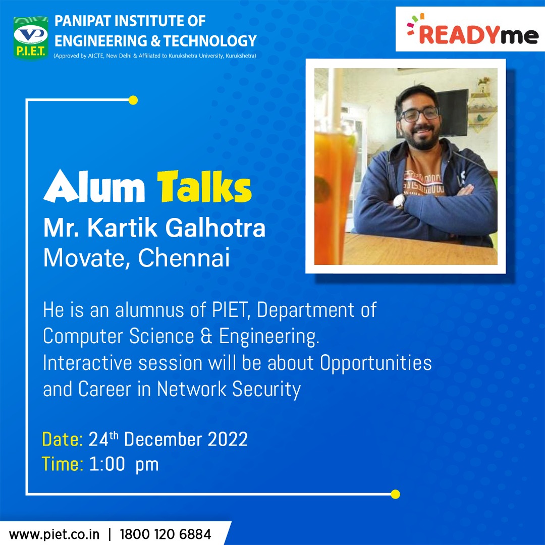 PIETPanipat's tweet photo. Our highly appreciated 'Alum Talks' series is back!
Presenting to you our Alumni who are coming back to the campus to educate the next generation of PIETians.
#alumtalks #piet #yespiet #pietalumni #networksecurity https://t.co/9SYmAt9Fot