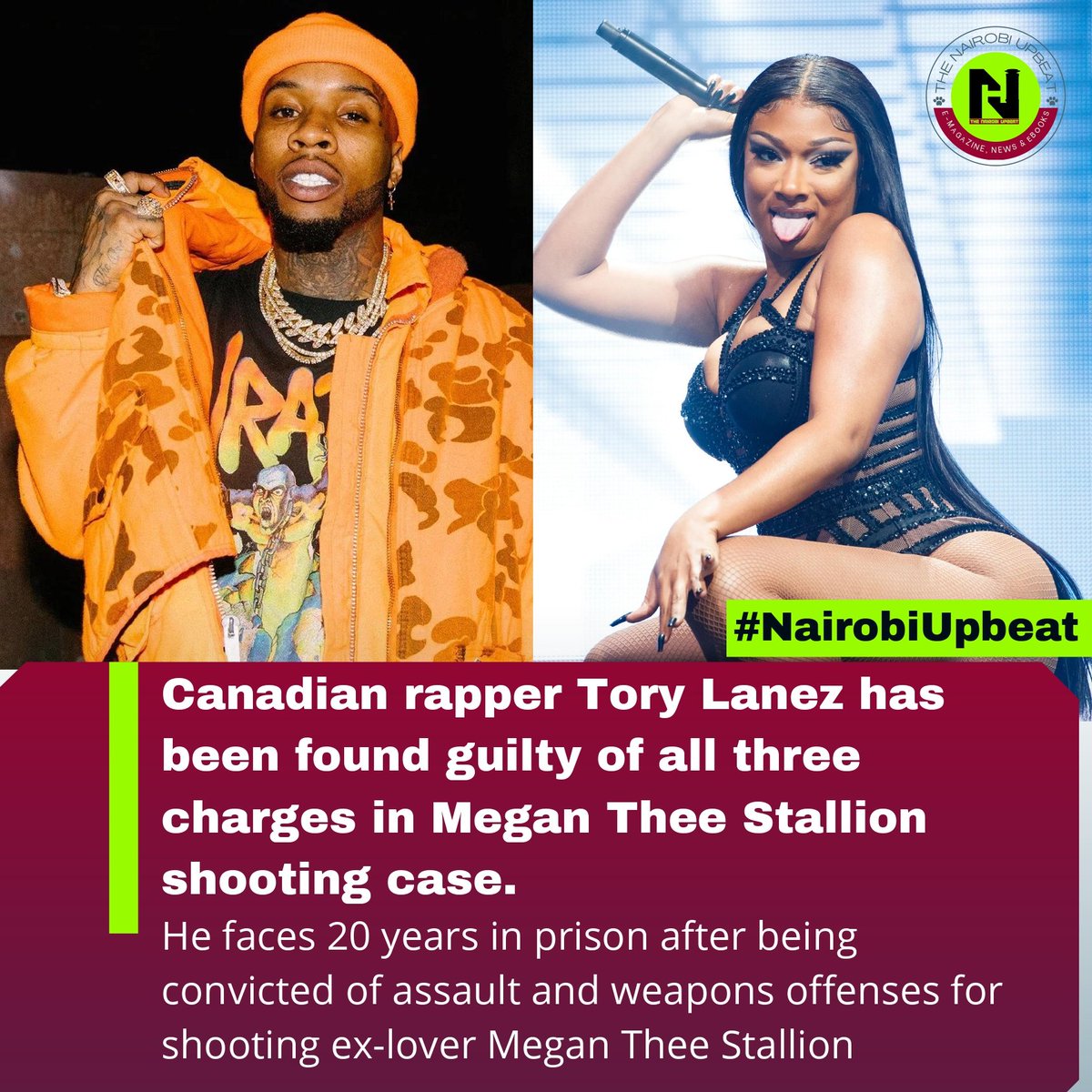 🚨 Canadian rapper Tory Lanez has been found guilty of all three charges in Megan Thee Stallion shooting case. He faces 20 years in prison after being convicted of assault and weapons offenses for shooting ex-lover Megan Thee Stallion‼️👀

#UpbeatXtra #NairobiUpbeat #UpbeatLegal
