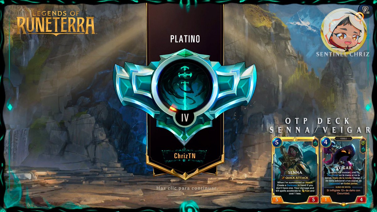 SentinelChriz's tweet photo. 🃏En menos de 1 SEMANA Y EN MI 1RA SEASON ya alcancé PLATINO en @LoRLATAM . Me he enamorado del juego y siento que puedo escalar más. ¡Toca estudiar detalles y crecer en LATAM! 🟡🇵🇪🎮
.
CdC de🐻@GoBears_Oficial y🤖@CoolerMaster
.
#LoL #LegendsOfRunaterra #LoR #LeagueOfLegends https://t.co/7rI8OVCCfh