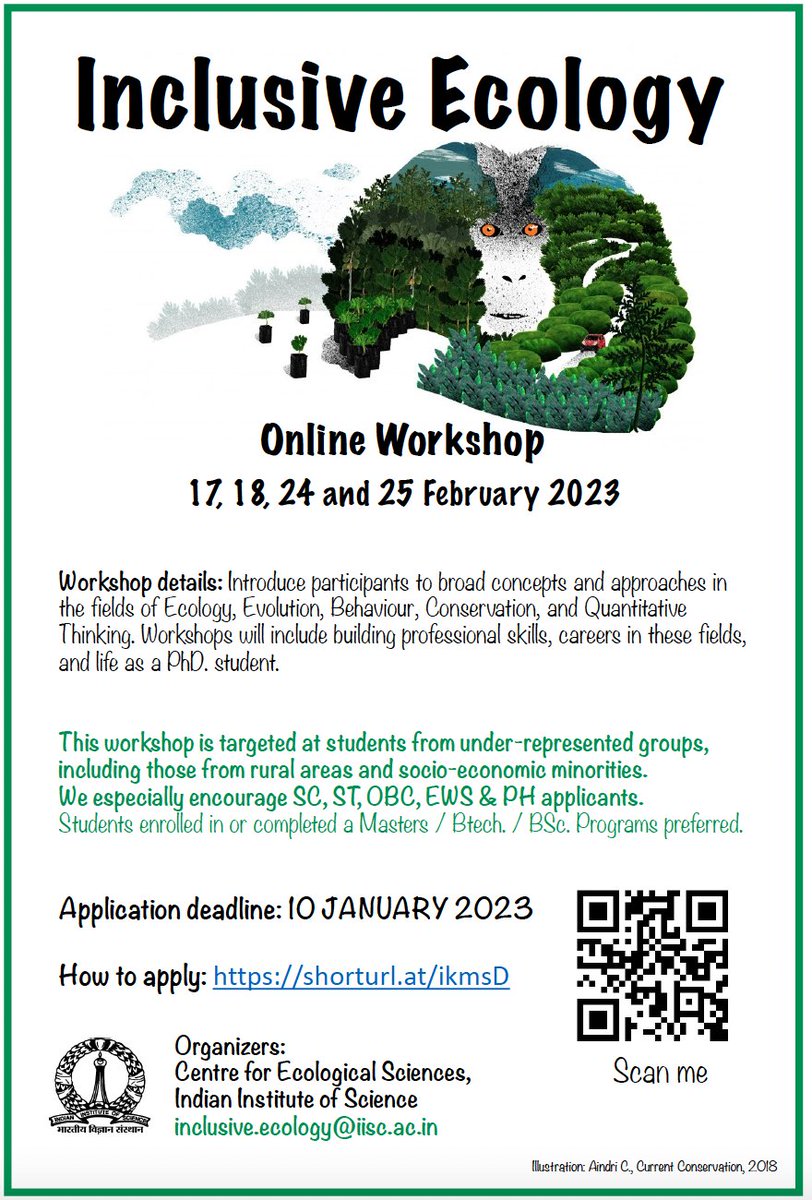 Vishu Guttal !! ವಿಶ್ವೇಶ ಗುತ್ತಲ್ (@vishuguttal) on Twitter photo CES <a href="/iiscbangalore/">IISc Bangalore</a> invites applications for an online workshop Inclusive Ecology.
The workshop is targeted to students from under-represented backgrounds, including those from rural areas and socioeconomic minorities.
Link to the application form: shorturl.at/ikmsD CES <a href="/iiscbangalore/">IISc Bangalore</a> invites applications for an online workshop Inclusive Ecology.
The workshop is targeted to students from under-represented backgrounds, including those from rural areas and socioeconomic minorities.
Link to the application form: shorturl.at/ikmsD