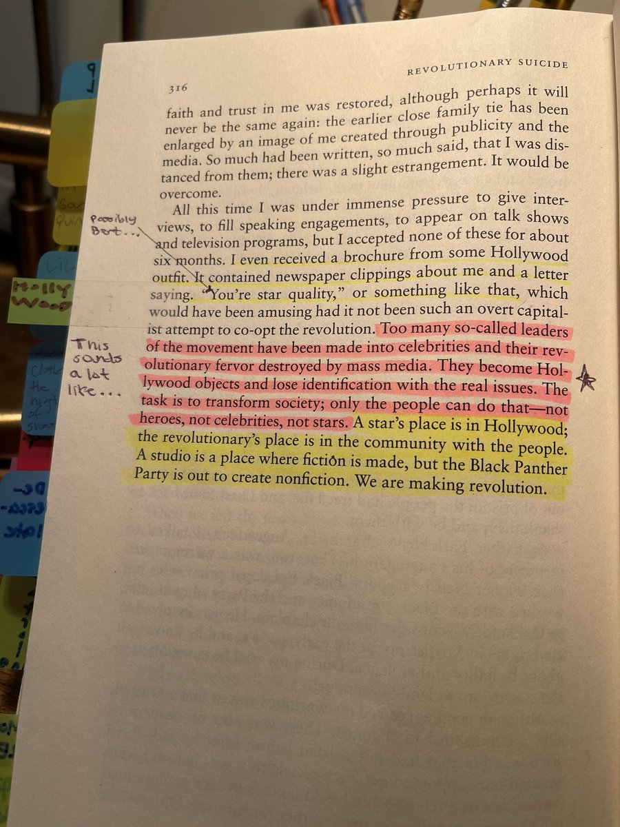Dr. Huey P. Newton writing, “Too many so-called leaders of the movement have been made into celebrities and their revolutionary fervor destroyed by mass media. They become Hollywood objects and lose identification with the real issues…” is from ‘Revolutionary Suicide’(1973).