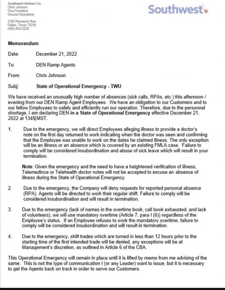AtSouthwest's tweet image. Guys… this is why Denver canceled so many. They got this letter and 120 ramp agents walked out