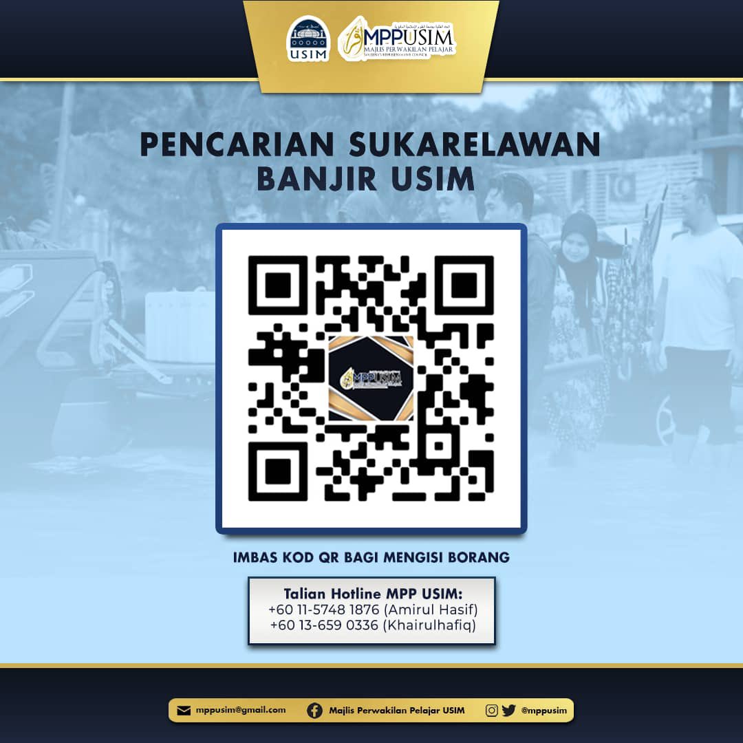 usim's tweet photo. PENCARIAN SUKARELAWAN PELAJAR MISI BANTUAN BANJIR 2022

Bahagian Hal Ehwal Pelajar sedang mencari sukarelawan pelajar untuk meyertai Misi Bantuan Banjir USIM 2022. 

Tarikh tutup: 26 DISEMBER 2022 

Daftar sekarang https://t.co/Rruyyhzcx5 

#USIMPrihatin https://t.co/unZOBBgHE5