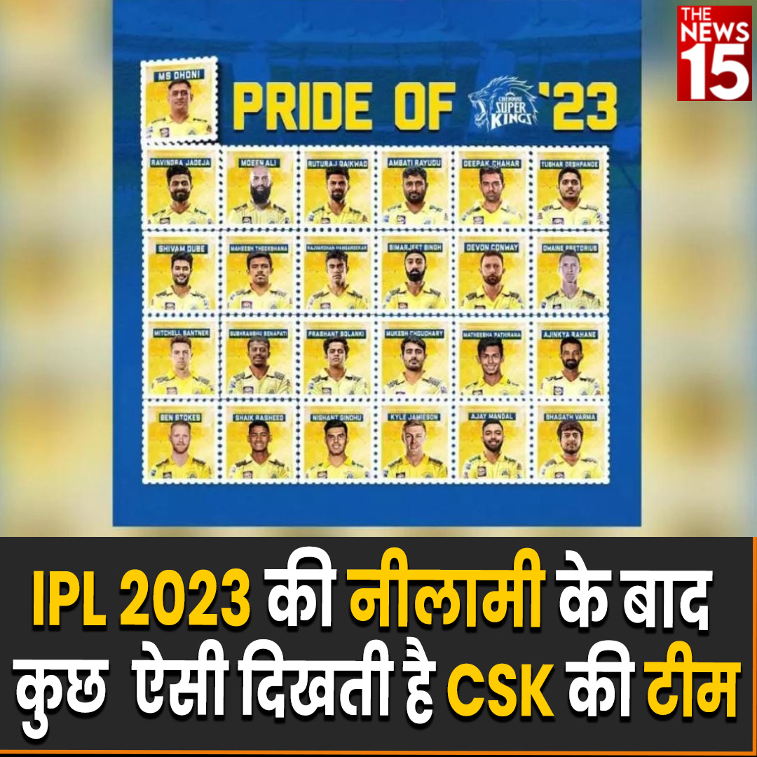 thenewsfifteen's tweet photo. #IPL2023 की नीलामी के बाद #CSK की टीम में अधिकतम 25 खिलाड़ी हो गए हैं। टीम के 8 विदेशी खिलाड़ियों में बेन स्टोक्स, डेवॉन कॉनवे, मोईन अली, महीश तीक्षणा, ड्वेन प्रिटोरियस, मिचल सैंटनर, काइल जेमीसन और मीशा पथिराना शामिल हैं। #MSDhoni @msdhoni #Cricketipl #Cricketlover
#thenews15 https://t.co/d4K3IaHypt
