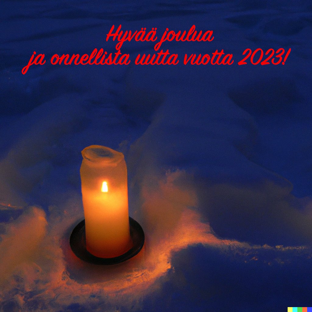 Hyvää joulua ja onnellista uutta vuotta 2023! 🧑‍🎄🎉

Kuvan on generoinut joulutervehdystekstiä lukuunottamatta OpenAI:n Dall-e 2 -tekoäly hakusanalla "a darkening evening, a shining candle in the snow".

#joulu #joulu2022 #joulutervehdys #dalle #ai #tekoäly