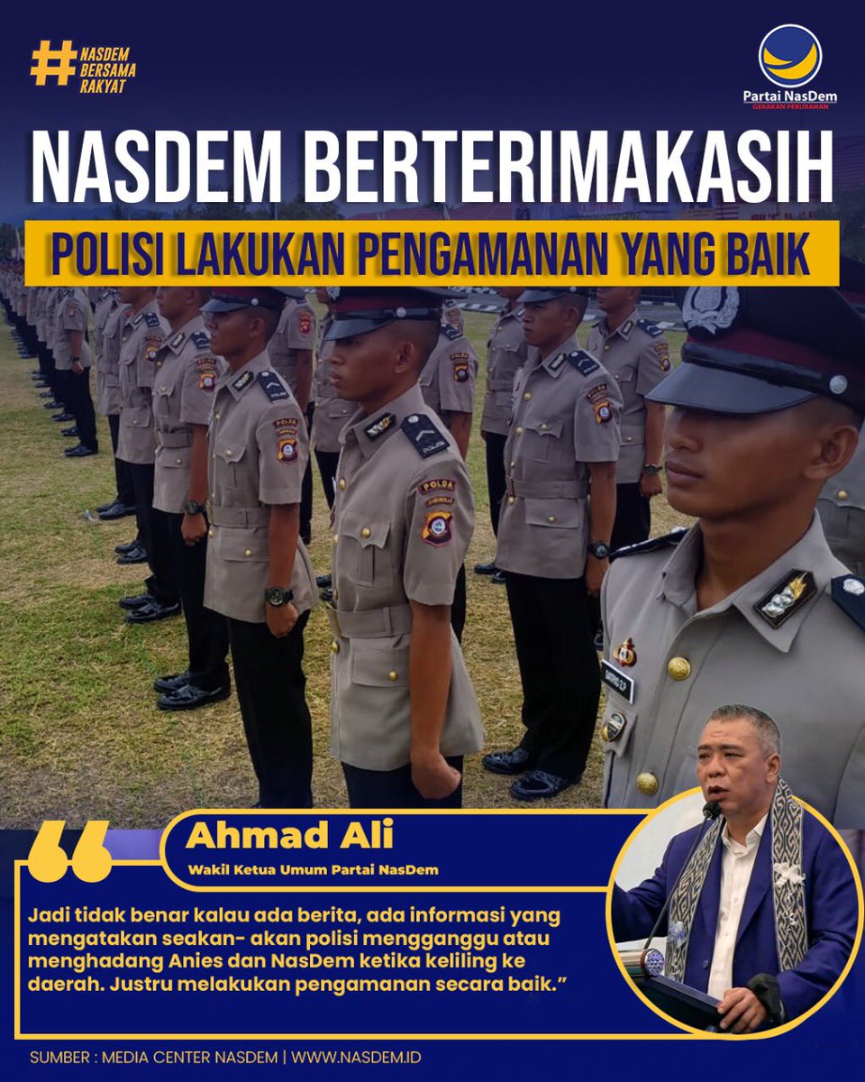 Partai NasDem melalui pernyataan Wakil Ketua Umum Partai NasDem @madtu_madali ingin mengucapkan banyak terima kasih kepada Polisi karena telah lakukan pengamanan yang baik.

#Polisi
#SahabatPolisi
#AniesBaswedan
#NasDemAntiMahar