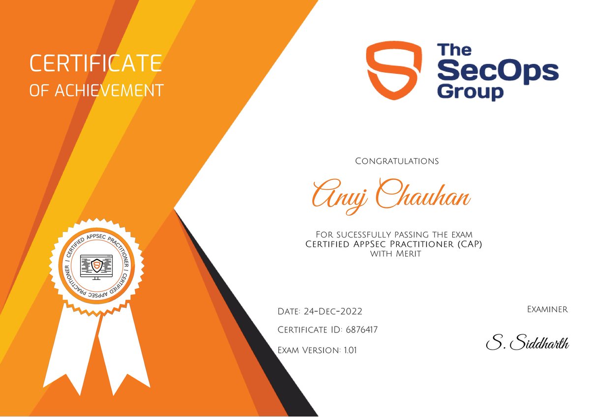 I'm happy to announce that i just passed the Certified Appsec Practitioners (CAP) Exam with Merit Position. 
#security #bugbountyhunter #infosec #secops #togetherwehitharder #cybersecurityjobs #bugbounty #bugbountytips