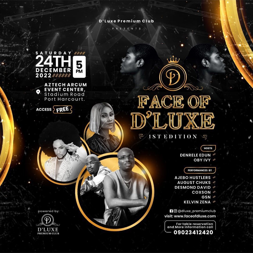 PH Microscope (@phmicroscope) on Twitter photo Today is for D'luxe Premium Club
24th Dec 2022 by 5pm at Aztech Arcum Stadium Rd, Port Harcourt.
Music by <a href="/Ajebo_Hustlers/">AJEBO HUSTLERS</a> <a href="/augustchuks/">AUGUSTISMYNAME</a> Desmond
Comedy by Coxson <a href="/GSNComedian/">GSN Comedian #NgwaBoi</a> and many more
Hosted by <a href="/DENRELE_EDUN/">Denrele Edun</a> and <a href="/obyivy_/">ObroriIvy Nia Fakae</a>
Access is free
For reservation call 09023412420 Today is for D'luxe Premium Club
24th Dec 2022 by 5pm at Aztech Arcum Stadium Rd, Port Harcourt.
Music by <a href="/Ajebo_Hustlers/">AJEBO HUSTLERS</a> <a href="/augustchuks/">AUGUSTISMYNAME</a> Desmond
Comedy by Coxson <a href="/GSNComedian/">GSN Comedian #NgwaBoi</a> and many more
Hosted by <a href="/DENRELE_EDUN/">Denrele Edun</a> and <a href="/obyivy_/">ObroriIvy Nia Fakae</a>
Access is free
For reservation call 09023412420