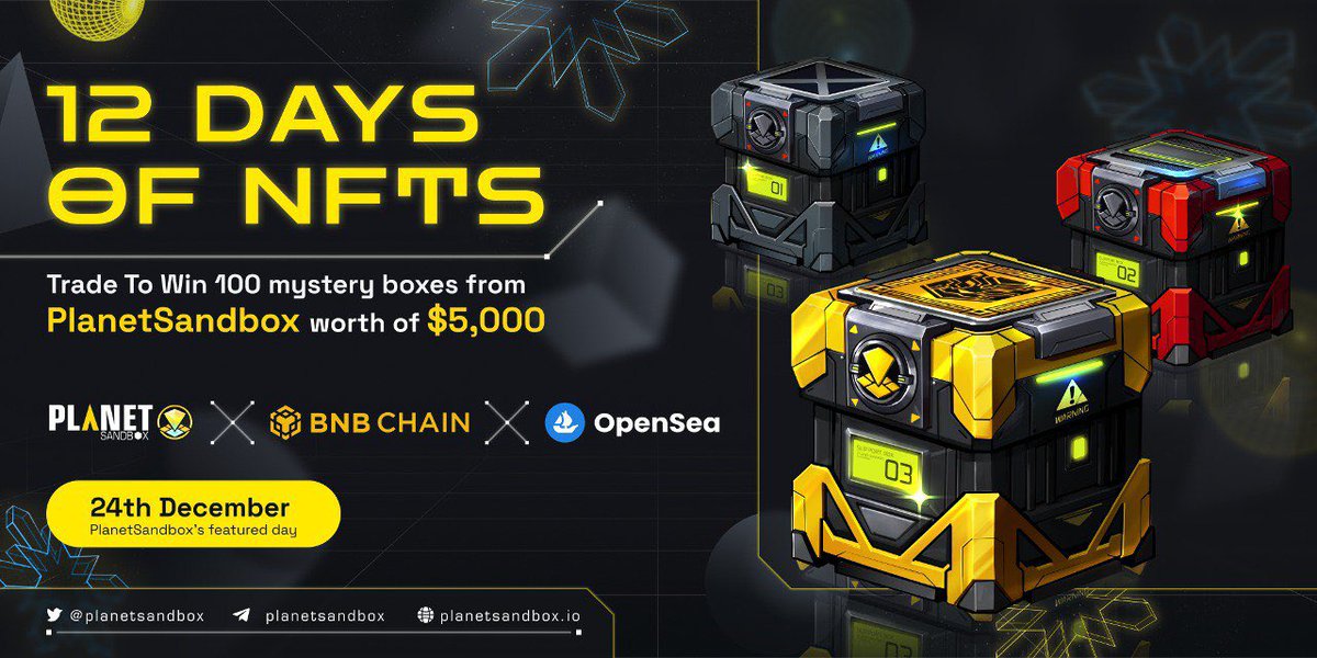 PlanetSandbox's tweet photo. Join #12daysoNFTs with joy in Christmas to win over $5,000 of #PlanetSandbox NFTs

Trade @BNBchain NFTs on @Opensea now to get a draw for #PSB epic mystery boxes

Read more: https://t.co/PQAo3NZnbG

#BNBChain #OpenSea https://t.co/Oi6wspPQjz