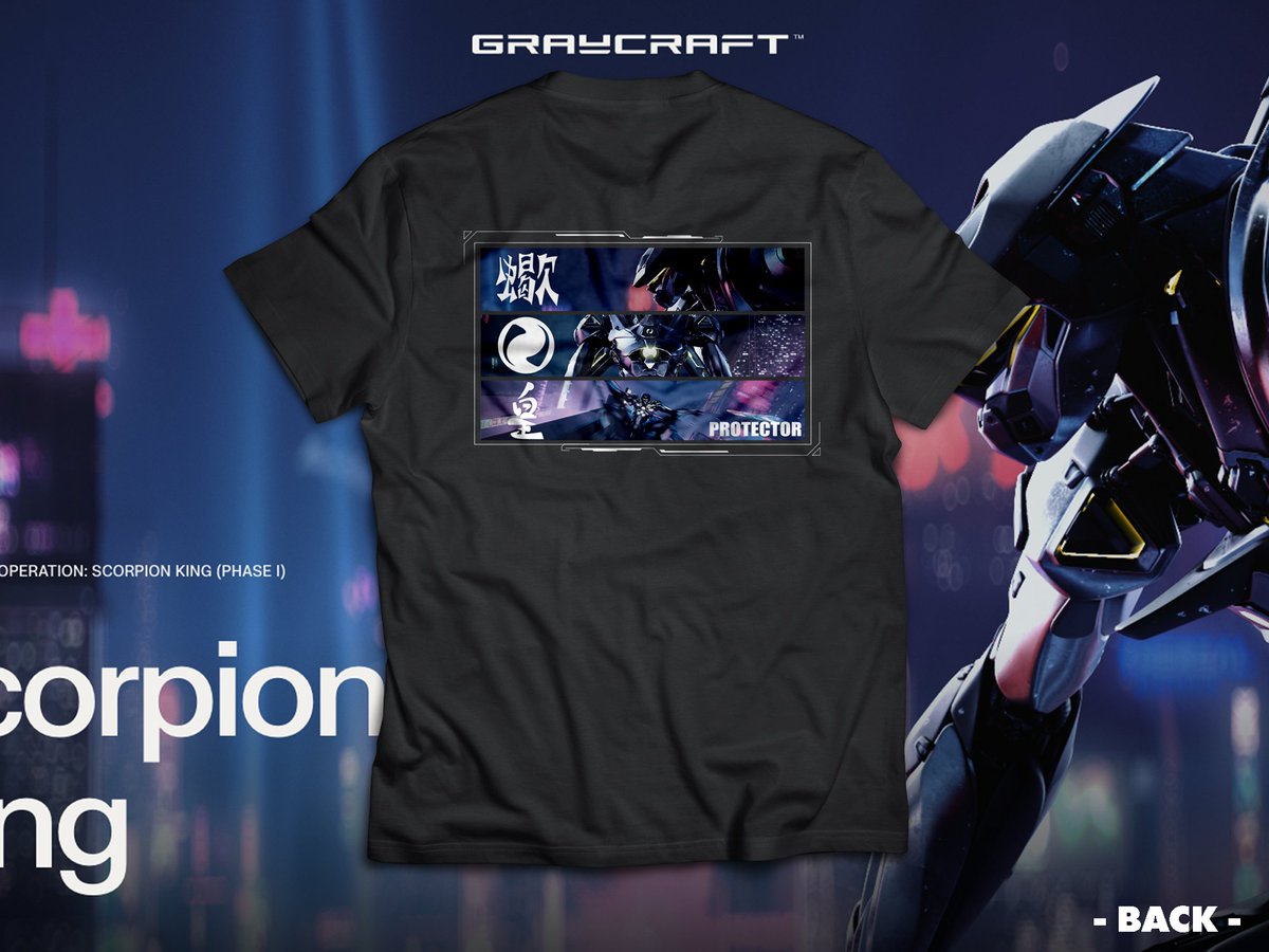 yohducks's tweet photo. Finally, a T-shirt inspired by Rien's PROTECTOR has been completed! The GCO of GRAYCRAFT has been left as it is, and the front logo has been transformed from the Japanese katakana "グレイクラフト". The kanji 蠍皇 on the back means "Scorpion King".
@GRAYCRAFTnft #ScorpionKing #GC0 https://t.co/6mMxaNtdYc