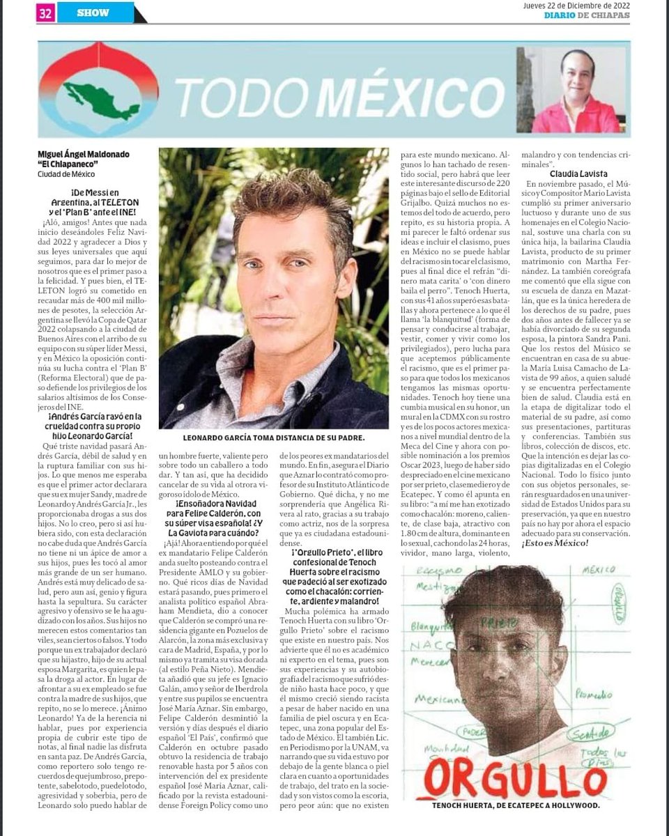 miguechiapaneco's tweet photo. Mi #ColumnaTodoMéxico en el @DiarioChiapas:
¡LA DORADA NAVIDAD DE #FelipeCalderon CON SU VISA ESPAÑOLA, ¿Y LA GAVIOTA #AngelicaRivera PARA CUANDO? ¡DE SUPER #Messi EN ARGENTINA, EL #Teleton2022 Y EL PLAN B VS EL INE! ¡ESTO ES MÉXICO! https://t.co/wtsbd0LWaC https://t.co/nuFcaQjjFM