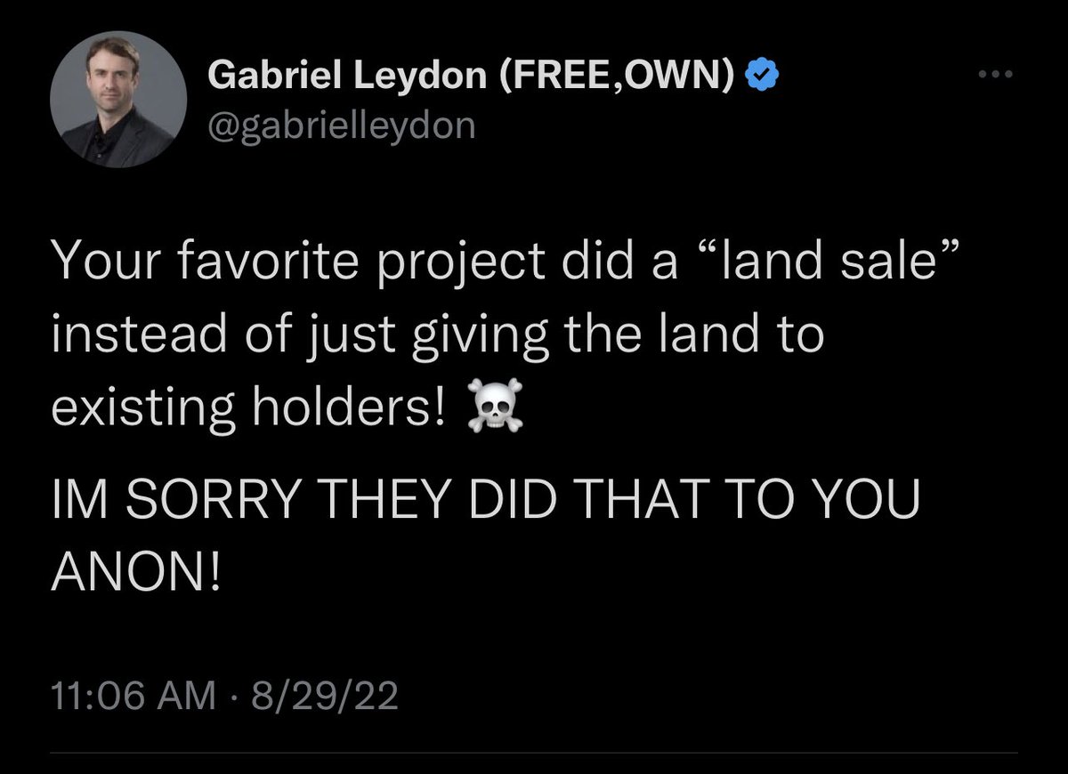 Actually, ALL existing players DID get free land. Additional land minting gave outsiders the ability to get into the project extremely cheap relative to existing assets prices. Oh, and those that did mint, received 5k $WOOL which is worth double what the land cost. So yeah, free.