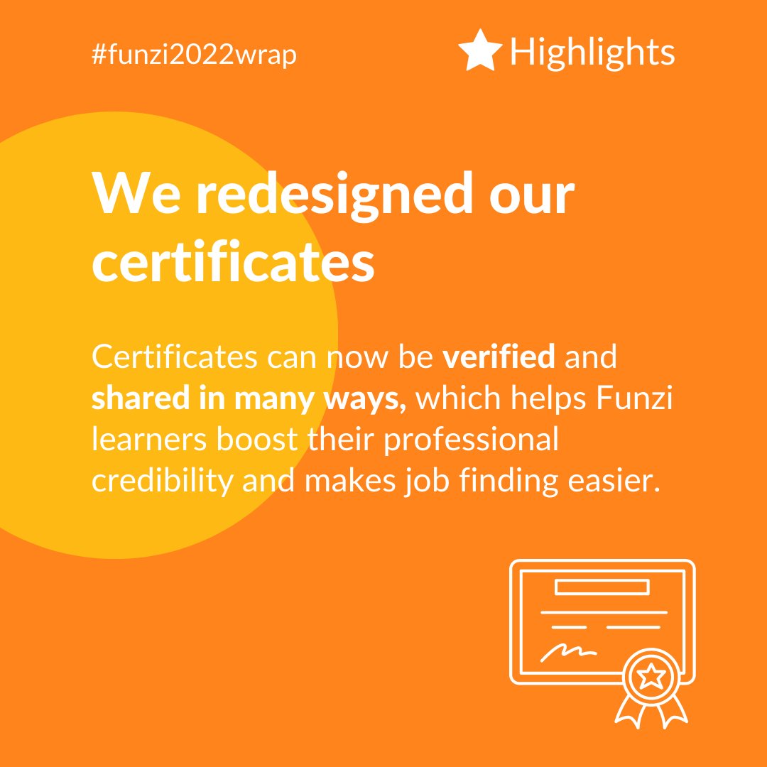 The third of our top 3⃣ highlights for 2022:

We redesigned our course certificates 🤩 ⤵️

#mobilelearning #skillsdevelopment #Funzi2022wrap