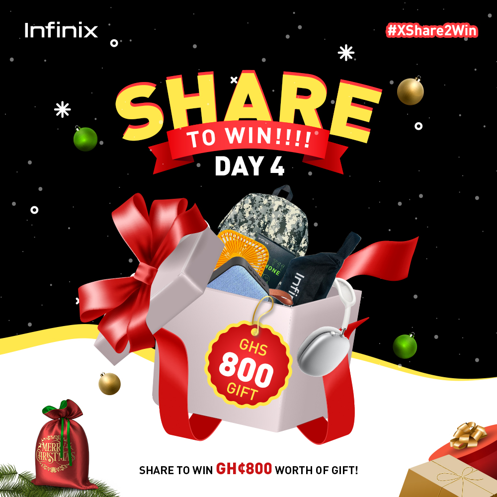 InfinixGhana's tweet photo. DAY 4 - GH¢800 gift worth package 🎁
Share and like the post to stand a chance of winning. Each share reduces the price by GH¢0.3 🥳 The last person to hit GH¢0.00 is the winner. Let's go 💪🏾
🚨 Visit our Facebook page(Infinix Mobile) to participate. #XShare2Win #XmasWithInfinix https://t.co/dspErzmMSY