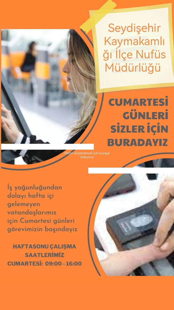 Seydişehir İlçe Nüfus Müdürlüğü olarak artan başvuru taleplerini karşılamak için Cumartesi günü de vatandaşlarımıza hizmet vermeye devam ediyoruz.