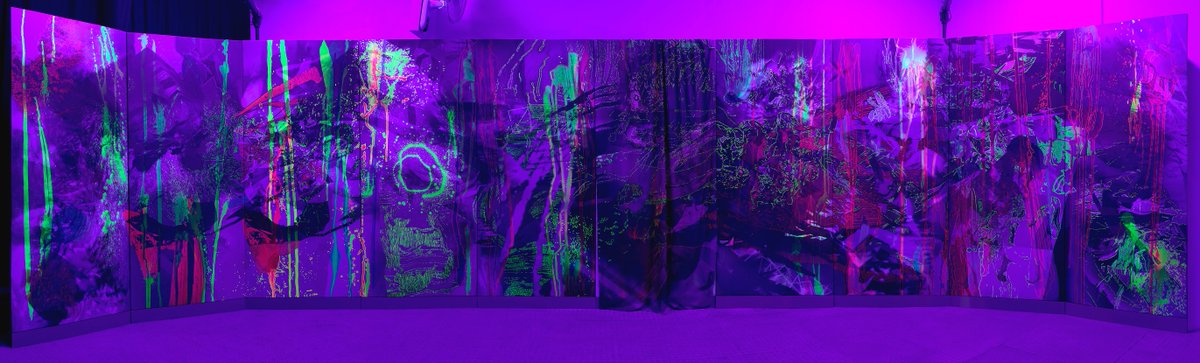 _AlisonGoodyear's tweet photo. Season's Greetings to you all! And finally, here's the full 10 panel decaptych 'Grotto Painting' under UV light from my exhibition 'Paint Park' at MK Gallery PS (Feb 2020) #TiltBrush #OpenBrush #paint #AlisonGoodyear #paintingasplace #art #AbstractPainting #virtualpaint #phygital https://t.co/3BbjZAKGIH