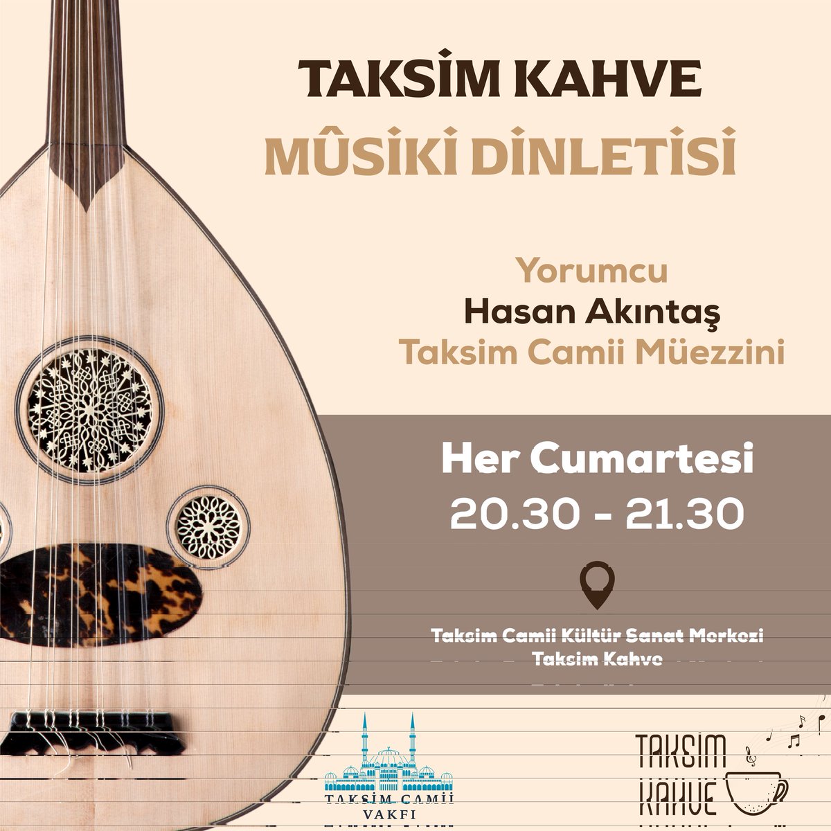 Hasan Akıntaş ile Musiki Dinletisi bu akşam saat 20.30'da Taksim Kahve'de...🎶💬
Katılım serbest ve ücretsizdir, bekleriz ☕
.
@tcvakfi
@taksimcamiiksm
@HasanAkintas

#taksimkahve
#taksimcamii
#taksimcamiikültürmerkezi