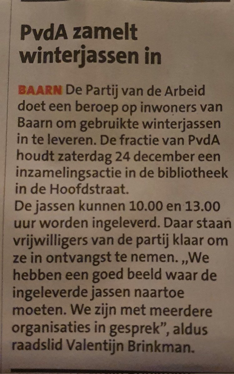 valentijn_andre's tweet photo. @PvdA zamelt straks #winterjassen in! Wie zien we om 10:00 uur!?
#samen #baarn @GemeenteBaarn @BCBaarn @rtvbaarn @rtvutrecht https://t.co/zrkJDGn6vM