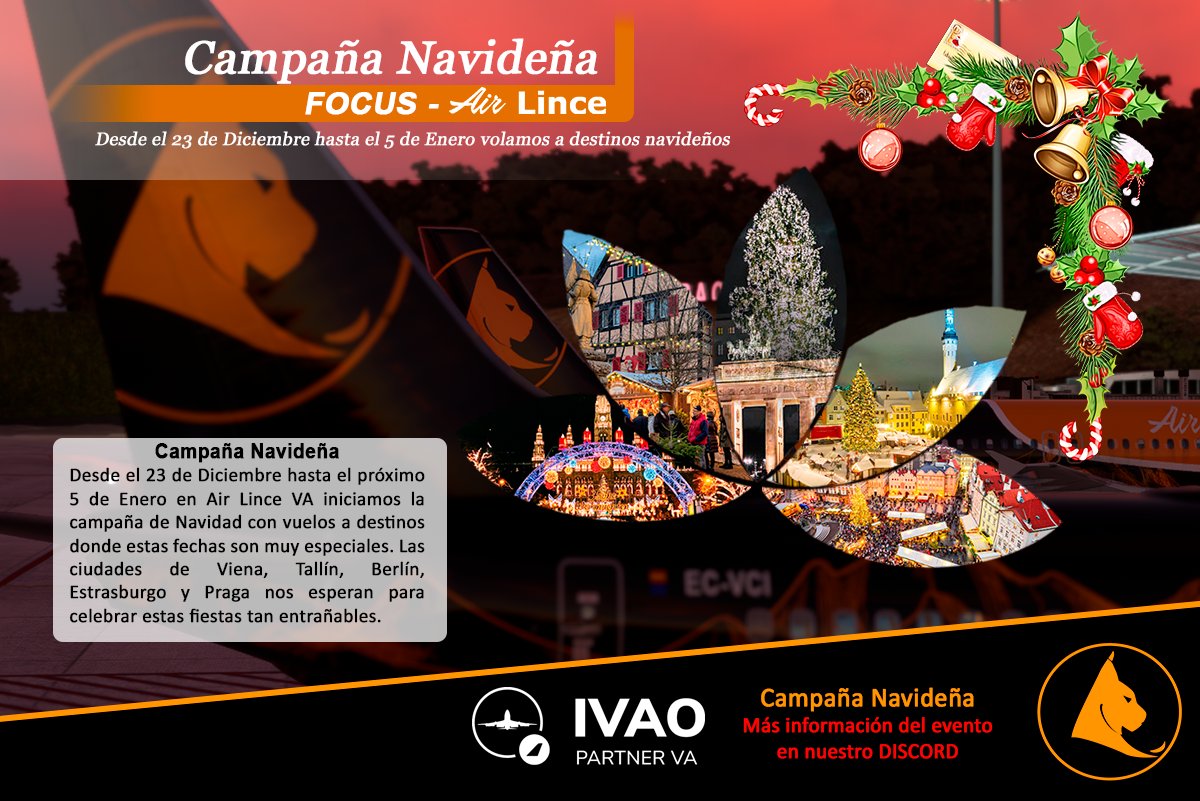 AirLinceVA's tweet photo. ✨ En plena campaña navideña, ponemos el foco en 5 destinos.
🏙 #Viena, #Estrasburgo, #Tallín, #Berlín y #Praga, nos esperan para celebrar estas fiestas tan entrañables.
--
#Merrychristmas
#SomosLinces #AirSimulation #IVAO #FelizNavidad #FelicesFiestas #MSFS2020 #Xplane https://t.co/9y7sL7qmQm